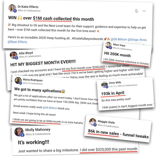 Posts from the NextLevel community: Dr E, Allie B, Mani V, Maria R, Chris W, Maggie G and Molly M sharing results