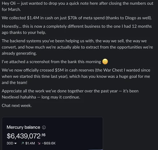 Message from a member reporting $1.4M collected in March on $70k of Meta spend, with a bank balance screenshot