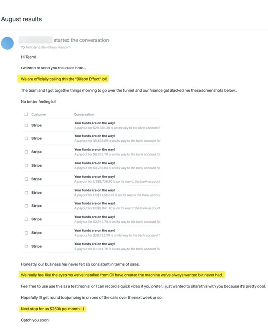 Member email listing ten Stripe payouts